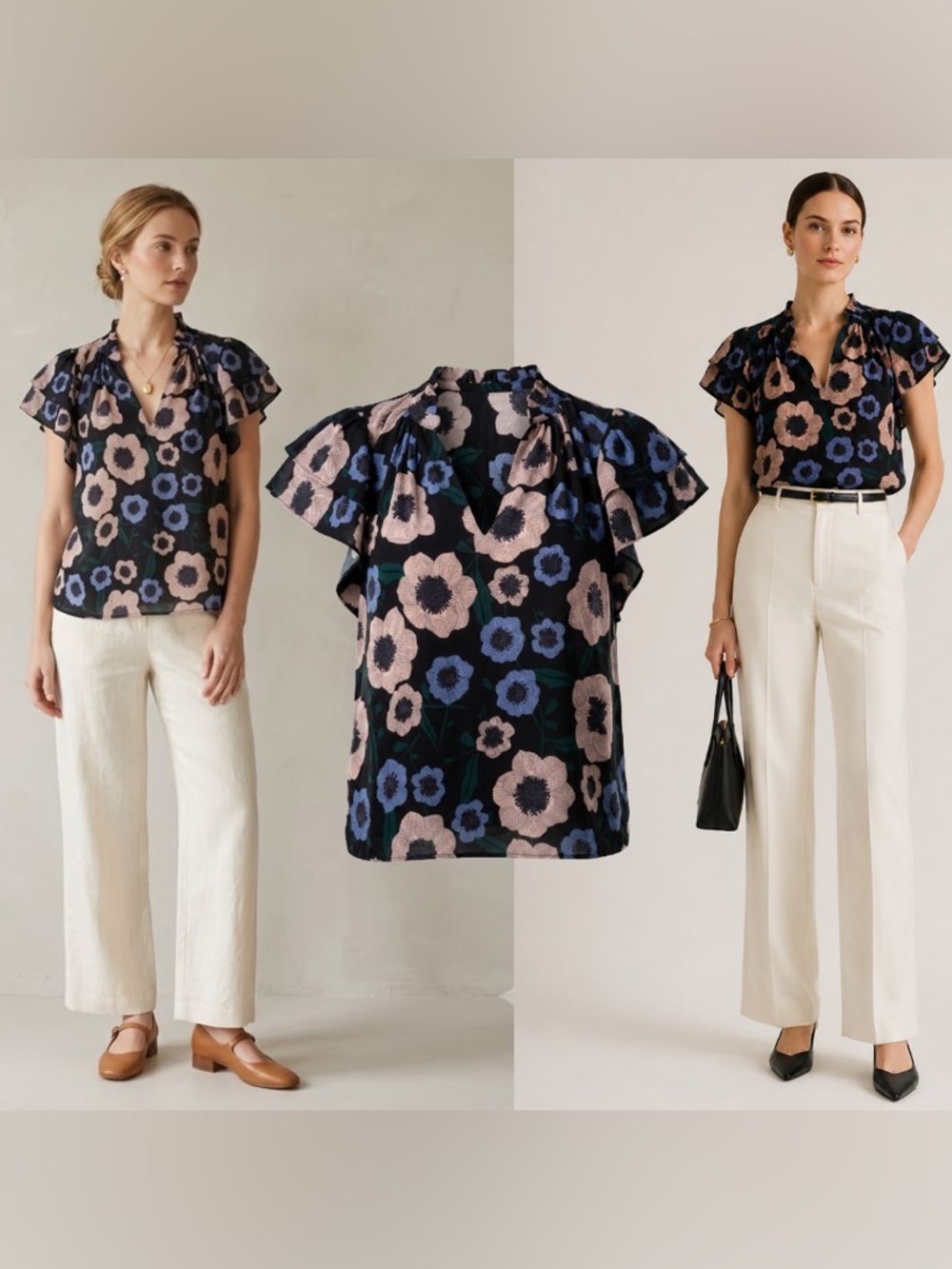 Trovata Silk Floral VNeck Blouse Top Ruffle Blue Black Cream Moody Boho Girly XS